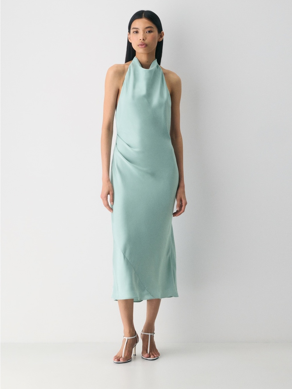 Aritzia Ten Audience Satin Maxi Halter Satin Slip Dress in Light Aqua
